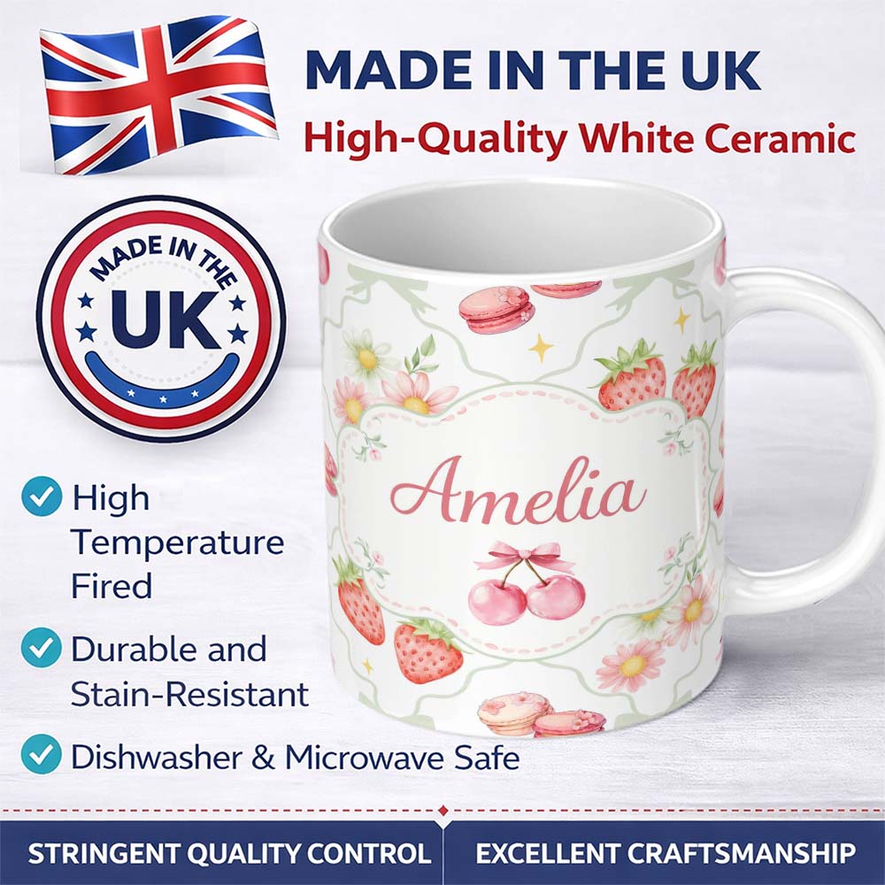 Personalized Custom Name Strawberry Cherry Daisy White Green Outline Cute Coquette Floral 11oz Ceramic Coffee Tea Mug White Large Handle
