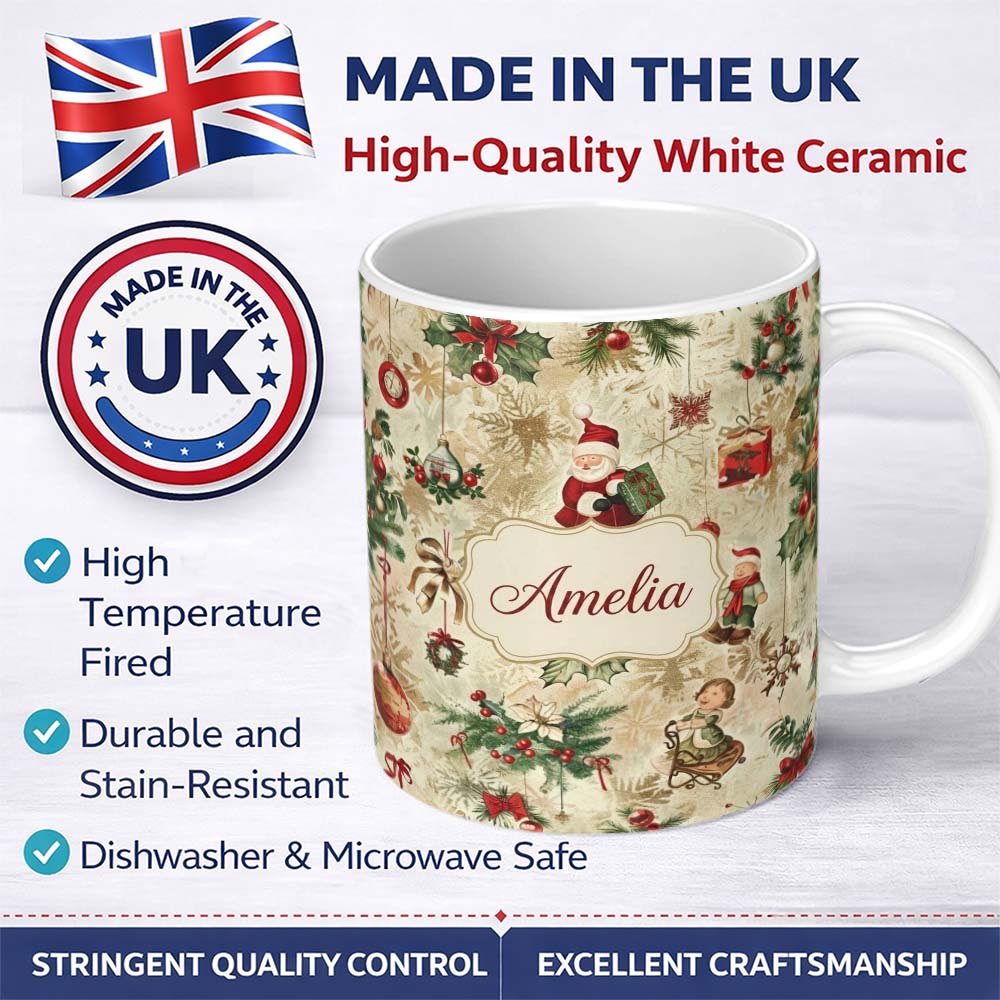 Personalized Custom Name Whimsical Santa Claus Gifts Children and Hanging Ornaments Festive 11oz Ceramic Coffee Tea Mug White Large Handle