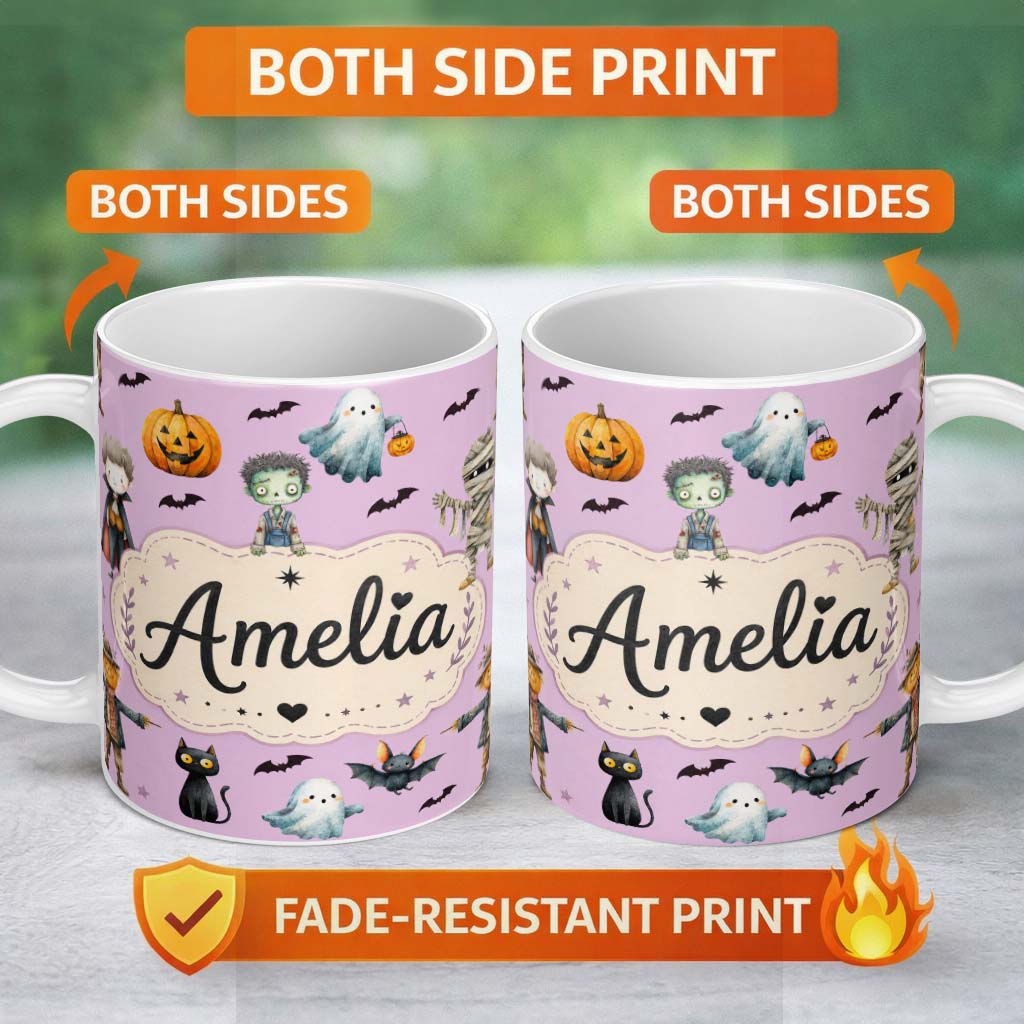 Personalized Custom Name Halloween Zombie Mummy Vampire Bat Spooky Purple Seamless Pattern 11oz Ceramic Coffee Tea Mug White Large Handle