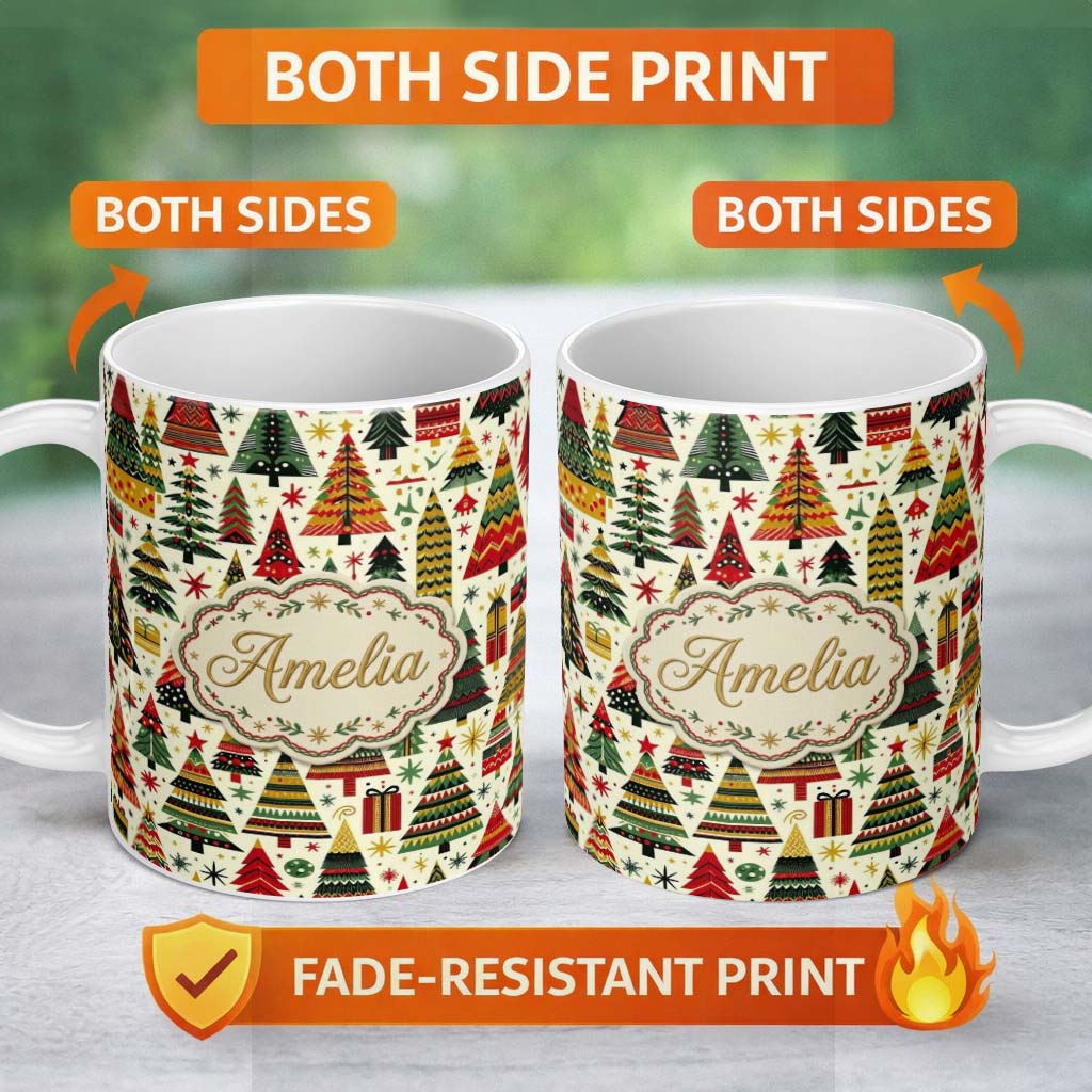 Personalized Custom Name Vintage Nordic Christmas Trees and Festive Ornaments in Red Green 11oz Ceramic Coffee Tea Mug White Large Handle