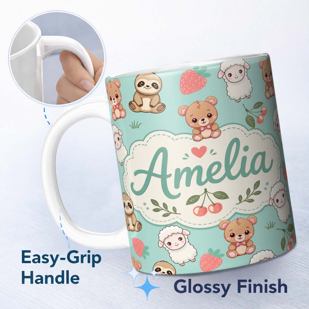 Personalized Custom Name Cute Cute Baby Animals Bear Sheep Sloth Strawberry Cherry Mint 11oz Ceramic Coffee Tea Mug White Large Handle