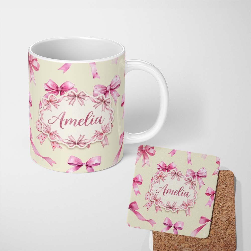 Personalized Custom Name Watercolor Pink Ribbon Bows Lavender Background Seamless Pattern 11oz Ceramic Coffee Tea Mug White Large Handle