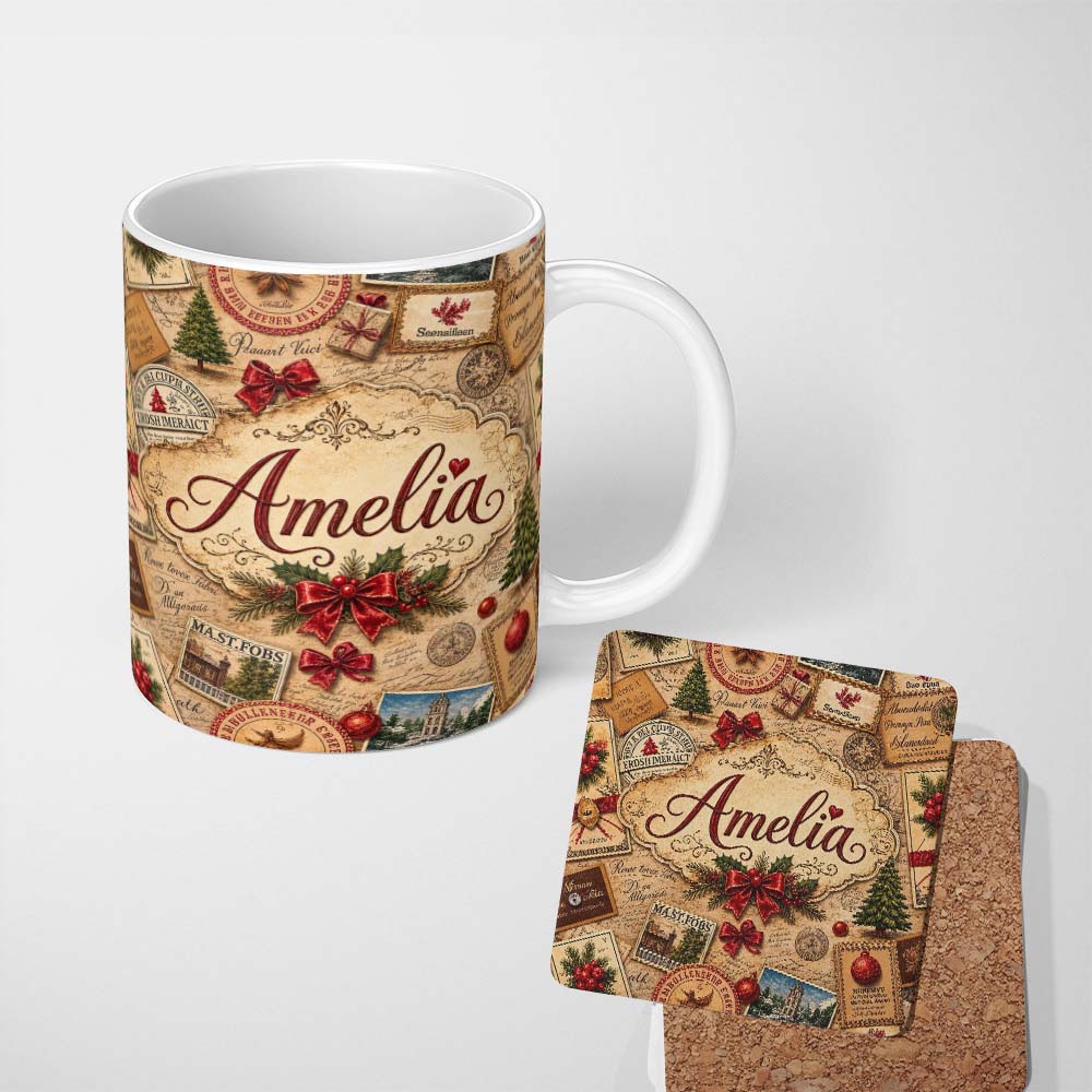 Personalized Custom Name Vintage Christmas Ephemera Postcards Stamps Script Letters and 11oz Ceramic Coffee Tea Mug White Large Handle