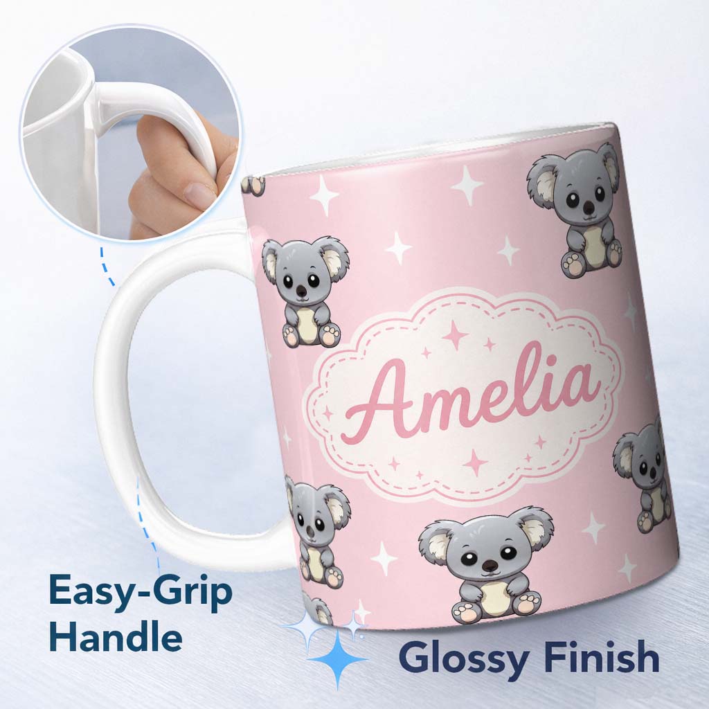 Personalized Custom Name Cute Cartoon Koala Bears with White Stars on Soft Pink Background 11oz Ceramic Coffee Tea Mug White Large Handle