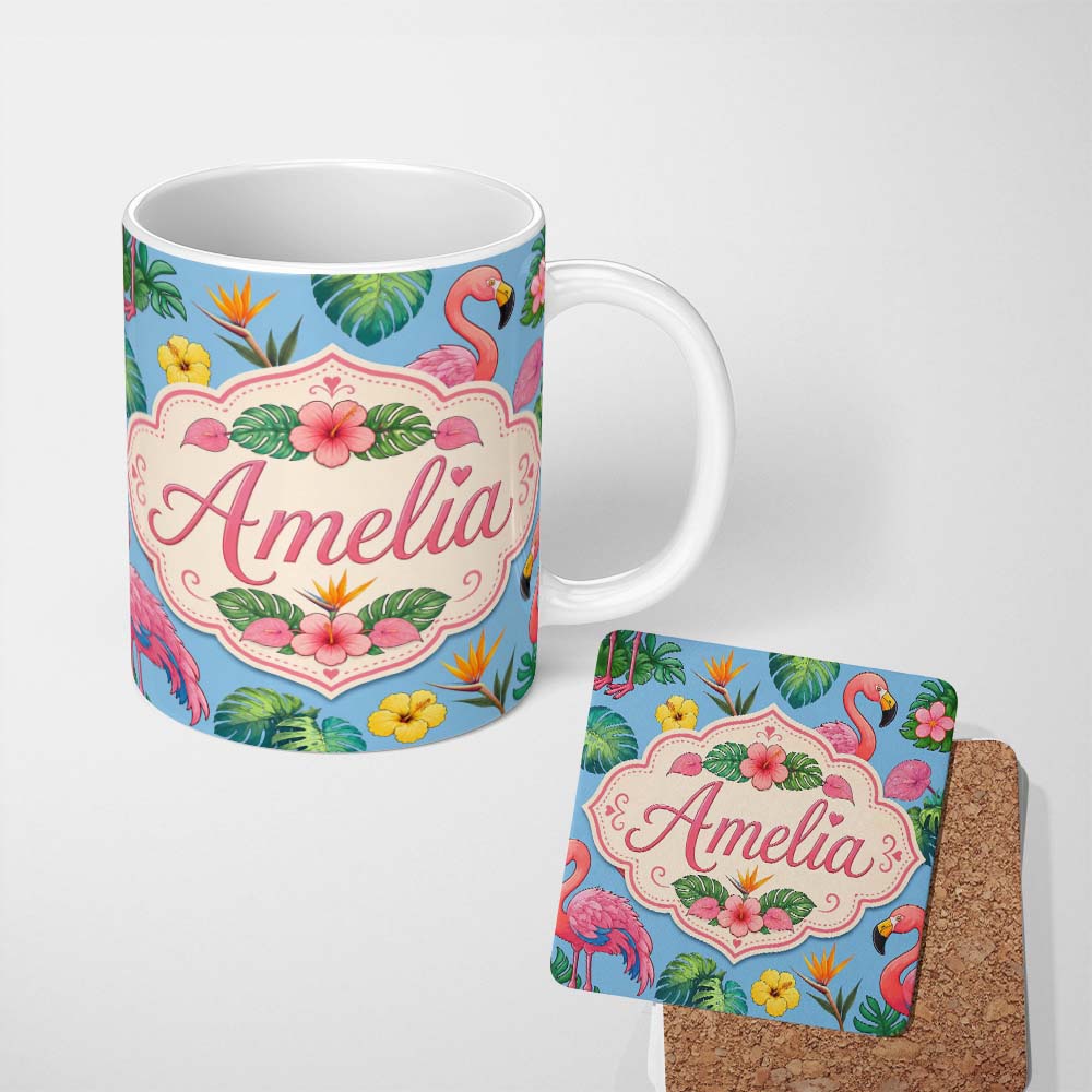 Personalized Custom Name Tropical Flamingo with Hibiscus Flowers and Leaves Sky Blue Lovely 11oz Ceramic Coffee Tea Mug White Large Handle