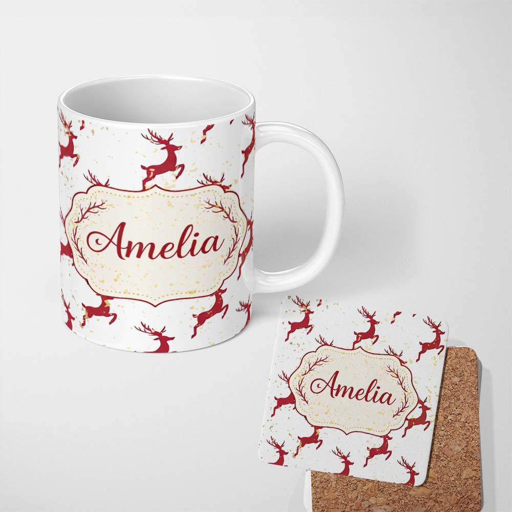 Personalized Custom Name Red Reindeer Christmas Seamless Pattern Cute Unique Gift Lovely 11oz Ceramic Coffee Tea Mug White Large Handle