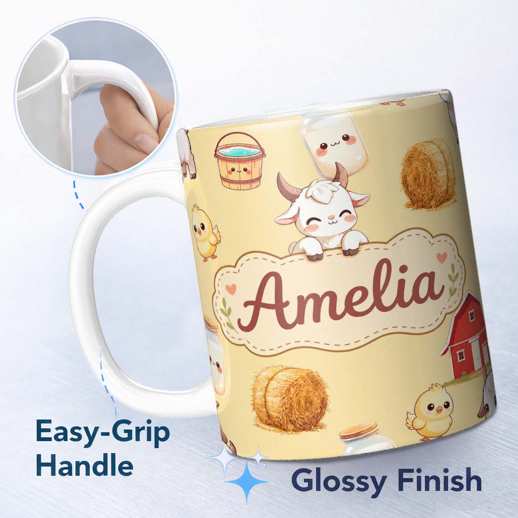 Personalized Custom Name Cute Farm Goat Barn Hay Bale Chick Milk Bucket Yellow Background 11oz Ceramic Coffee Tea Mug White Large Handle
