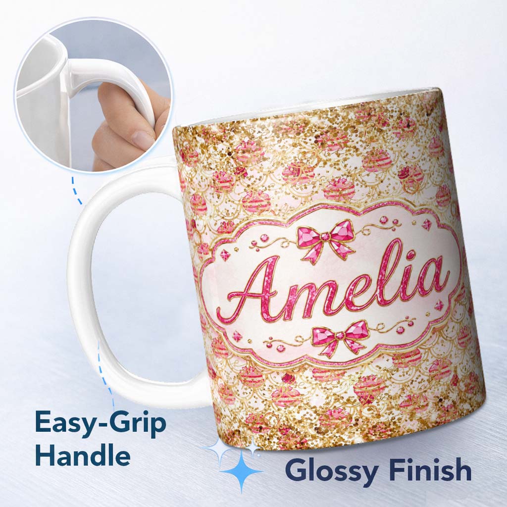 Personalized Custom Name Luxury Pink Gold Ornament Glitter Seamless Pattern Cute Unique Gift 11oz Ceramic Coffee Tea Mug White Large Handle