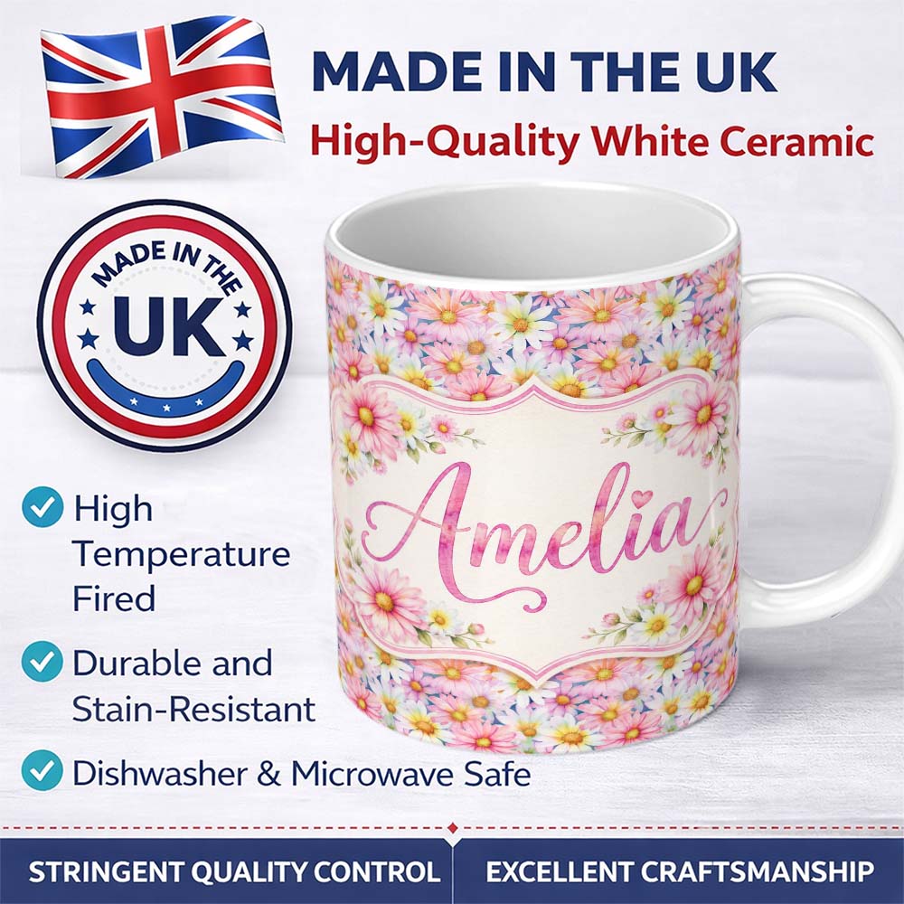 Personalized Custom Name Pastel Pink and Yellow Daisy Floral Seamless Pattern Lovely 11oz Ceramic Coffee Tea Mug White Large Handle