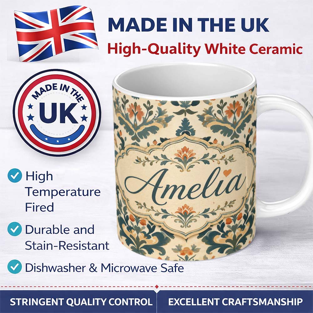 Personalized Custom Name Classic Ornamental Damask Floral Symmetry Seamless Pattern Lovely 11oz Ceramic Coffee Tea Mug White Large Handle
