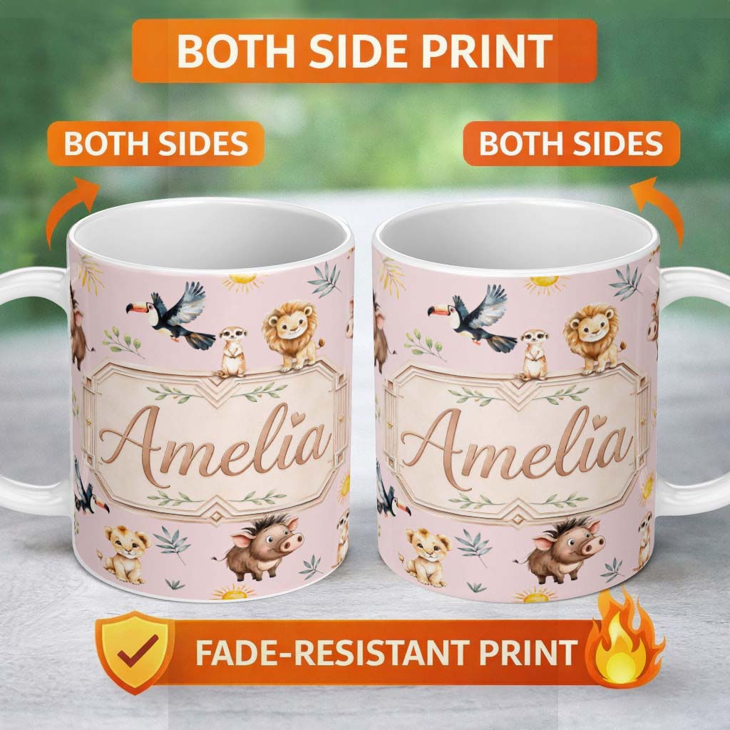 Personalized Custom Name Jungle Animals Lion Meerkat Toucan Boar on Dusty Pink Seamless 11oz Ceramic Coffee Tea Mug White Large Handle