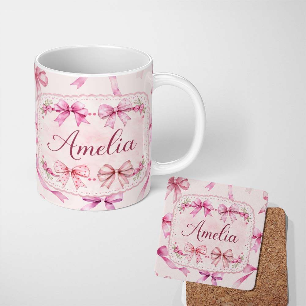 Personalized Custom Name Watercolor Pink Ribbon Bows Beige Background Seamless Pattern Lovely 11oz Ceramic Coffee Tea Mug White Large Handle