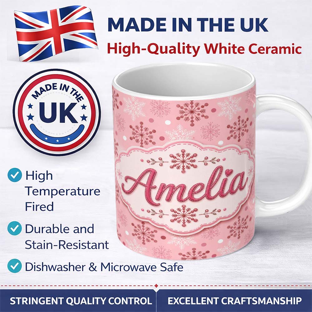 Personalized Custom Name Soft Pink Snowflake Dot Winter Seamless Pattern Cute Unique Gift 11oz Ceramic Coffee Tea Mug White Large Handle