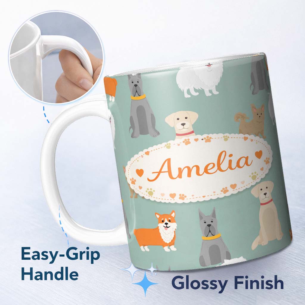 Personalized Custom Name Mixed Dog Breeds Cute Pets Green Background Seamless Pattern Lovely 11oz Ceramic Coffee Tea Mug White Large Handle