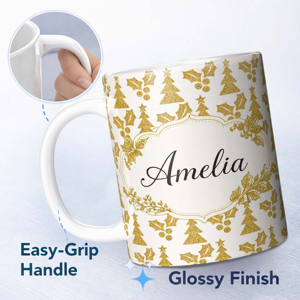 Personalized Custom Name Gold Glitter Christmas Tree Pattern Festive Design Cute Unique Gift 11oz Ceramic Coffee Tea Mug White Large Handle