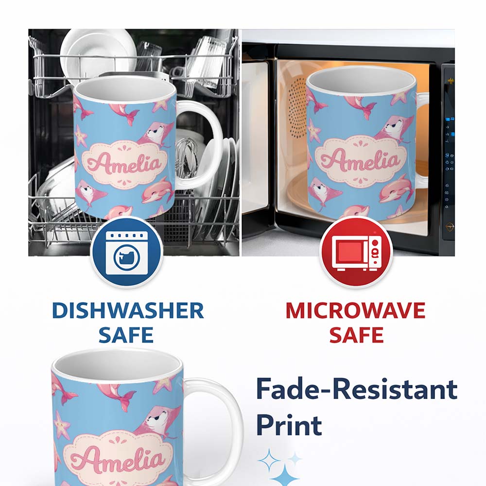 Personalized Custom Name Cute Pink Dolphins and Starfish Seamless Ocean Pattern Soft Blue 11oz Ceramic Coffee Tea Mug White Large Handle