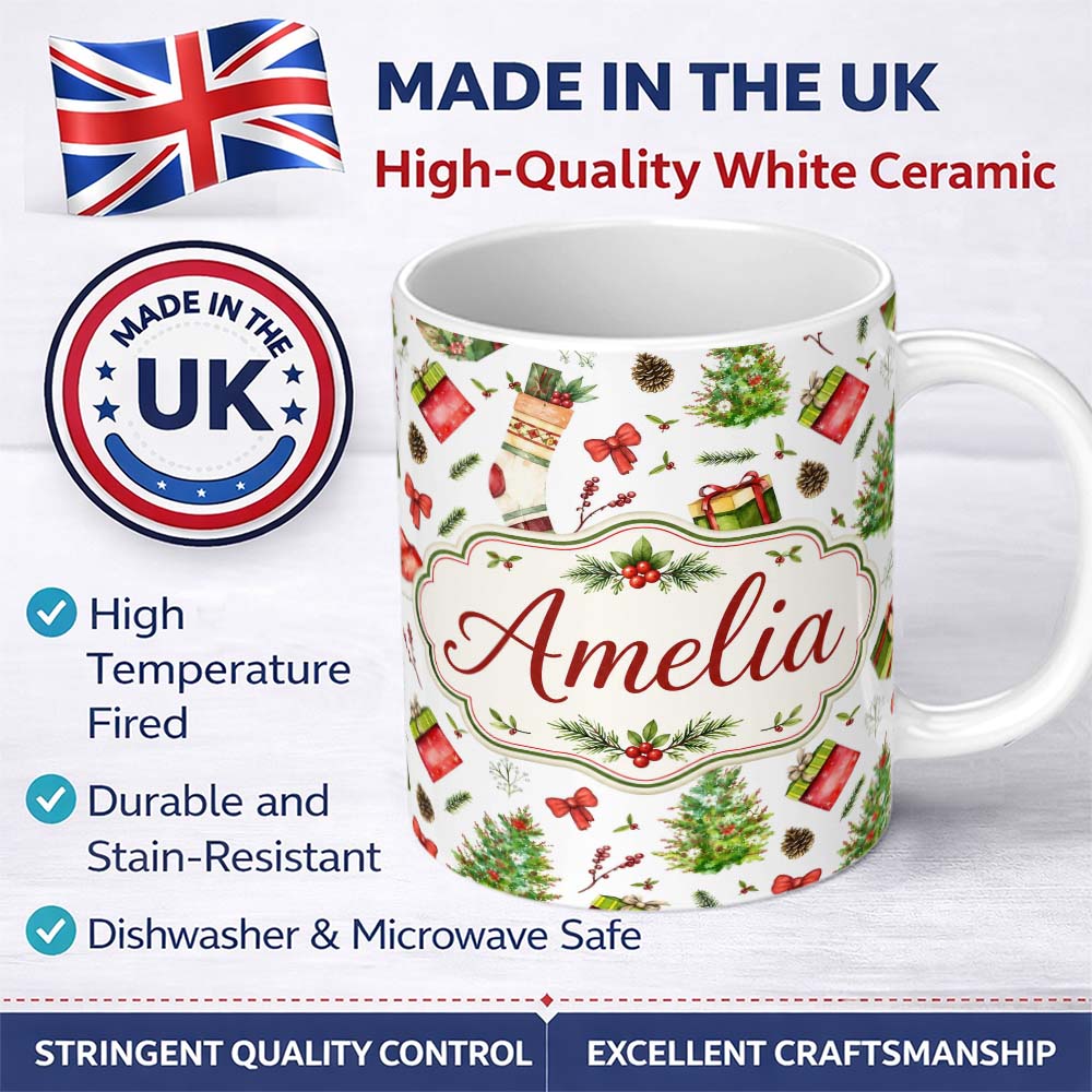 Personalized Custom Name Christmas Gifts Tree Bow Festive Holiday Seamless Pattern Lovely 11oz Ceramic Coffee Tea Mug White Large Handle