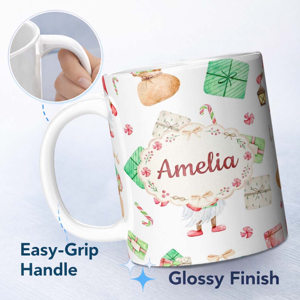 Personalized Custom Name Cute Christmas Gnome Present Candy Cane Holiday Seamless Pattern 11oz Ceramic Coffee Tea Mug White Large Handle
