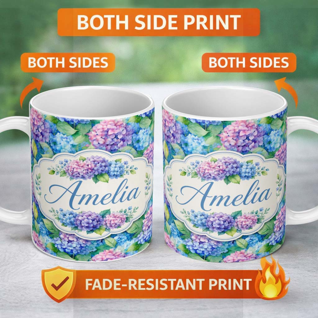 Personalized Custom Name Vibrant Blue Pink Hydrangea Garden Floral Seamless Pattern Lovely 11oz Ceramic Coffee Tea Mug White Large Handle