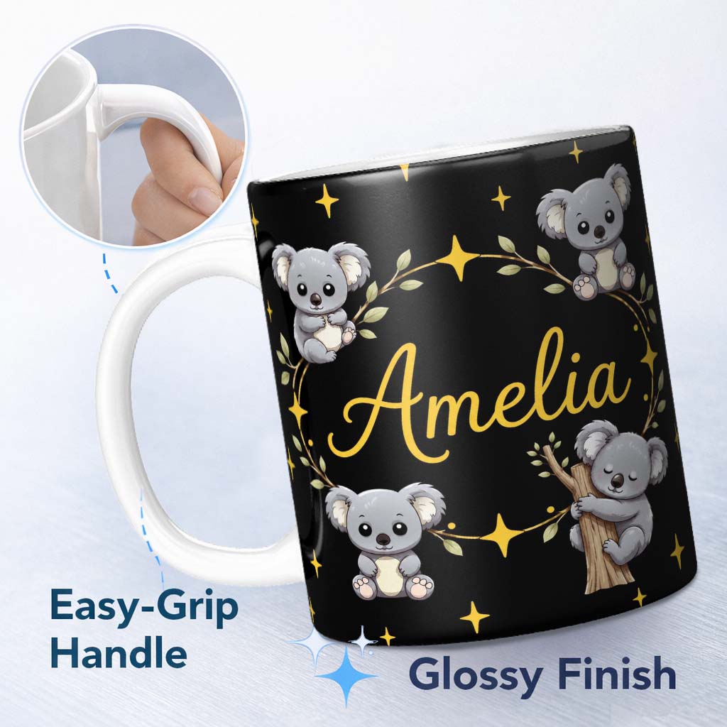 Personalized Custom Name Cute Cartoon Koala Bears with Yellow Stars on Black Background 11oz Ceramic Coffee Tea Mug White Large Handle