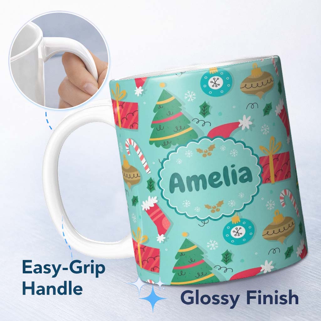 Personalized Custom Name Christmas Tree Baubles Gifts Mug Candy Cane Festive Holiday Seamless 11oz Ceramic Coffee Tea Mug White Large Handle