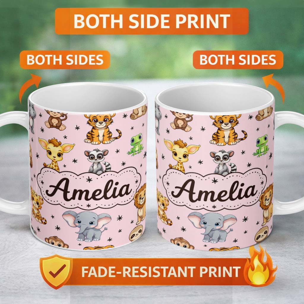 Personalized Custom Name Cute Cartoon Safari Animals with Stars on Pink Background Nursery 11oz Ceramic Coffee Tea Mug White Large Handle
