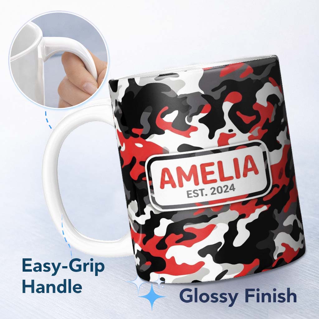 Personalized Custom Name Red Black White Camouflage Bold Graphic Seamless Pattern Lovely 11oz Ceramic Coffee Tea Mug White Large Handle