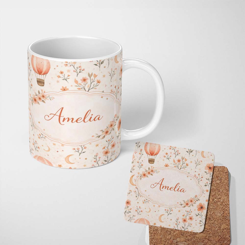 Personalized Custom Name Watercolor Hot Air Balloon Floral Botanical Seamless Pattern Lovely 11oz Ceramic Coffee Tea Mug White Large Handle