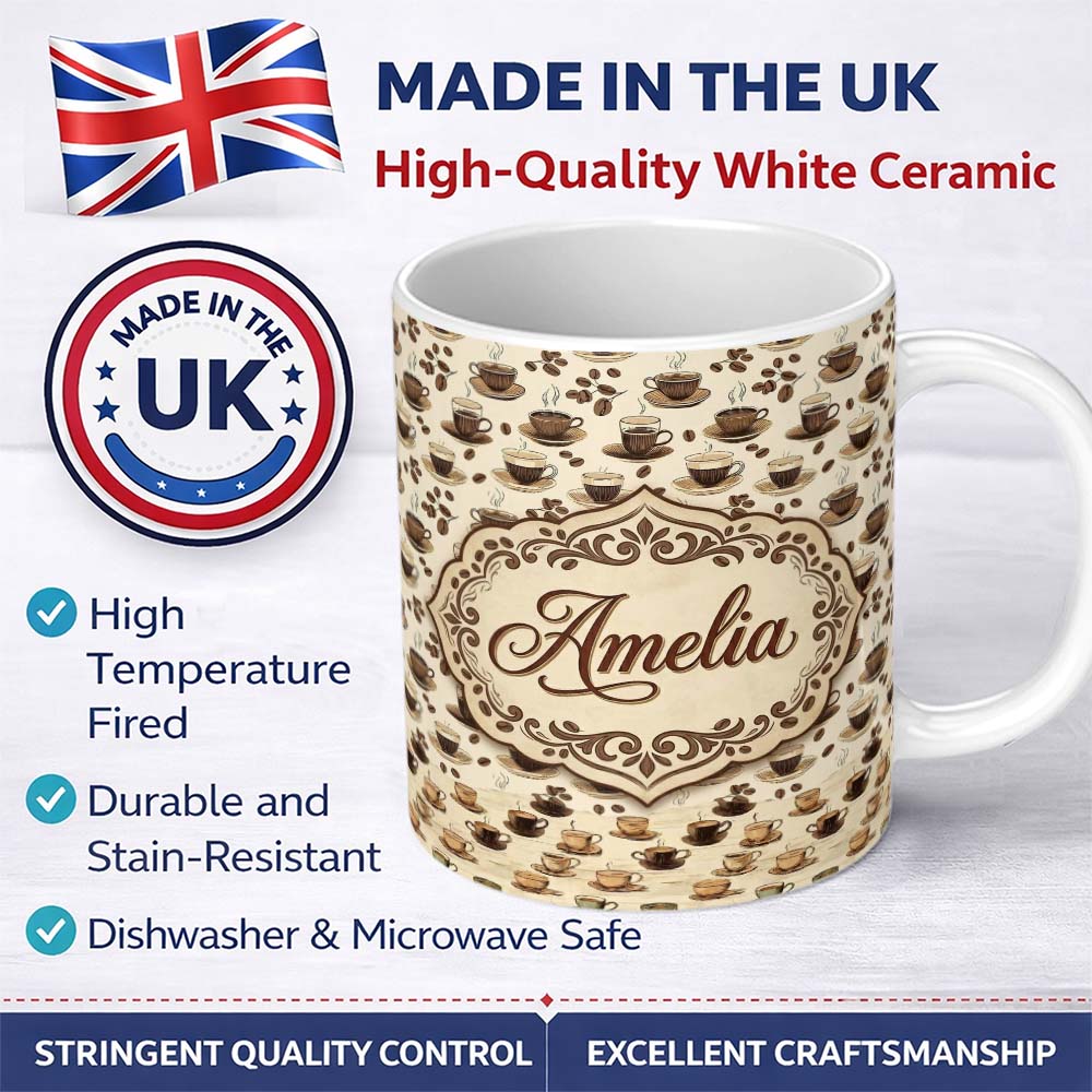 Personalized Custom Name Coffee Cups and Beans Neutral Cafe Theme Seamless Pattern Lovely 11oz Ceramic Coffee Tea Mug White Large Handle