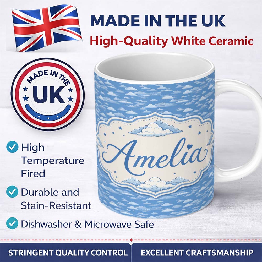 Personalized Custom Name Light Blue Sky Cloud Pattern Soft Gradient Seamless Design Lovely 11oz Ceramic Coffee Tea Mug White Large Handle