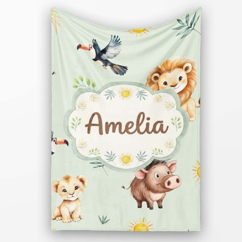 Jungle Animals Lion Meerkat Toucan Boar on Sage Green Seamless Personalised Custom Name Super Soft Fleece Blanket Bed Sofa Throw