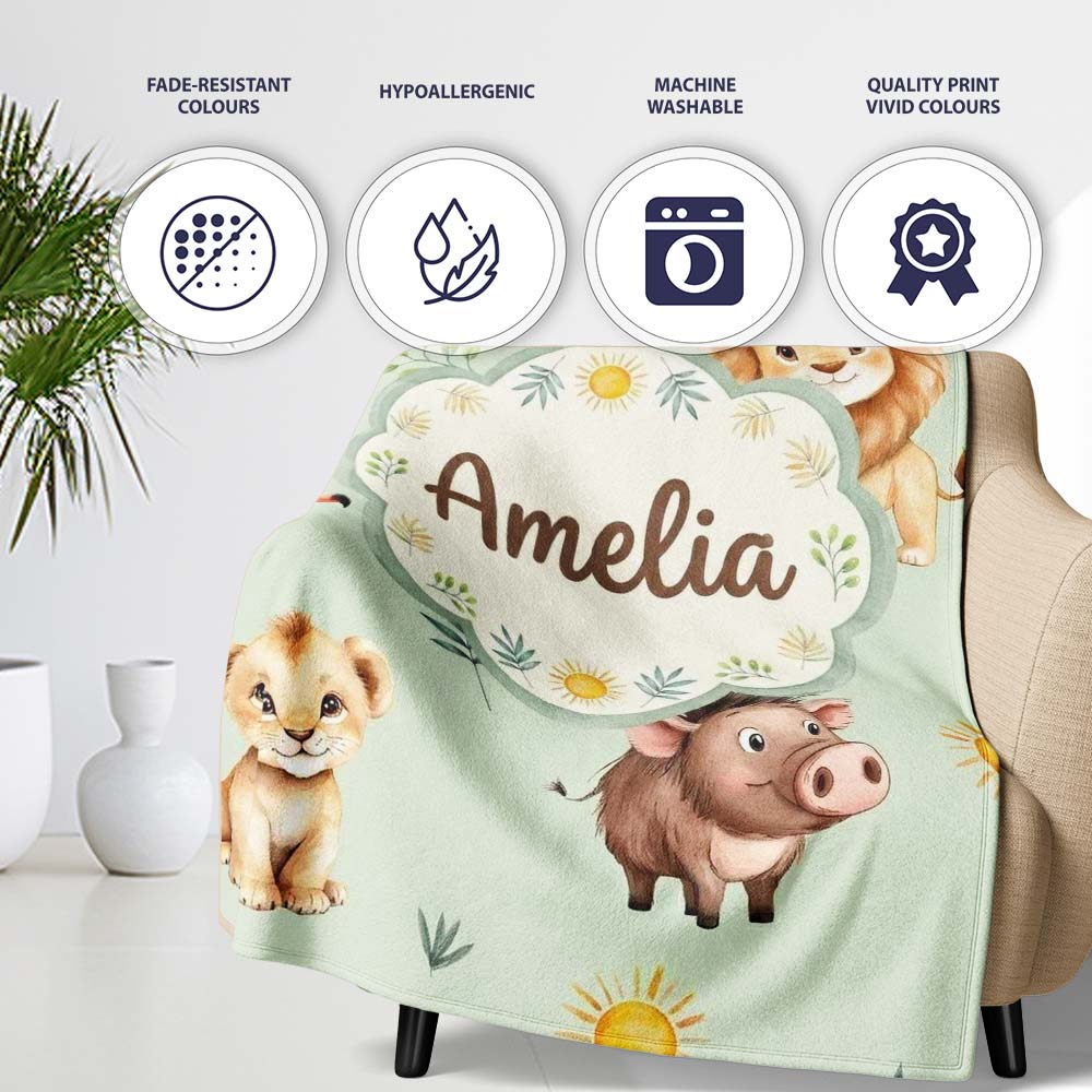 Jungle Animals Lion Meerkat Toucan Boar on Sage Green Seamless Personalised Custom Name Super Soft Fleece Blanket Bed Sofa Throw