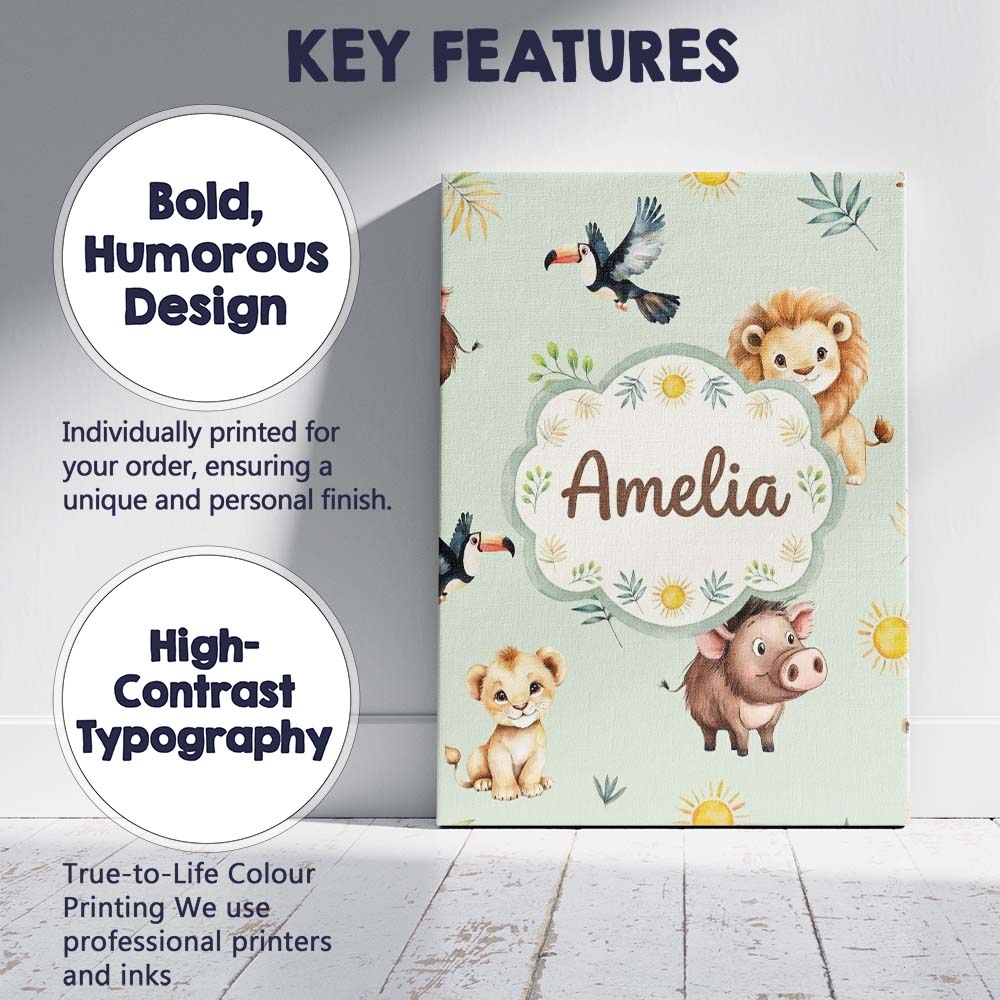 Personalised Name Jungle Animals Lion Custom Modern Room Accent Creative Decorator Style Canvas Wall Art Print Decor Picture Ready to Hang