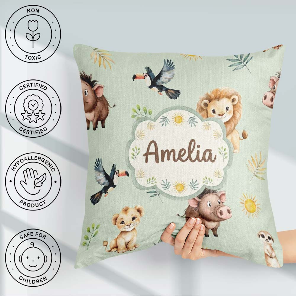 Custom Name Jungle Animals Lion Meerkat Toucan on Green Seamless Square Filled Cushion Throw Pillow Sofa Bed Home Decor Zip Washable UK Made