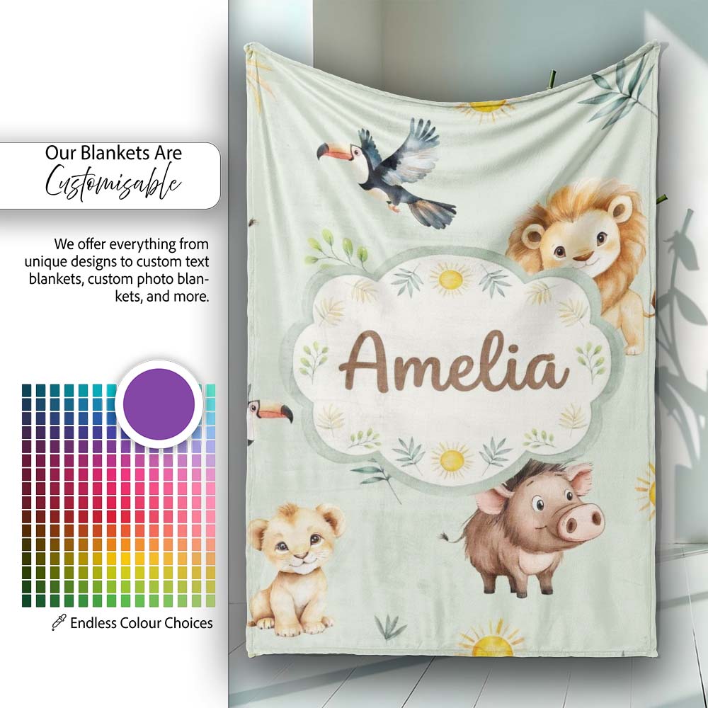 Jungle Animals Lion Meerkat Toucan Boar on Sage Green Seamless Personalised Custom Name Super Soft Fleece Blanket Bed Sofa Throw