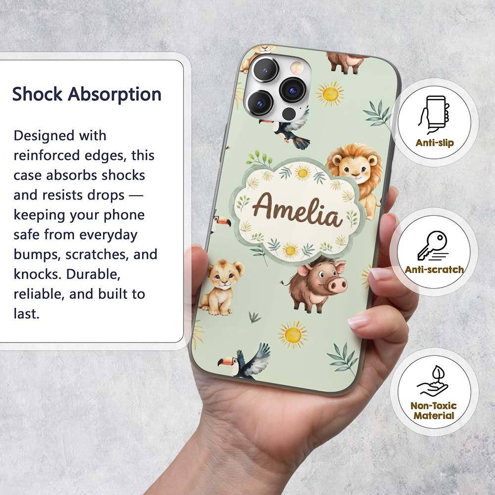 Jungle Animals Lion Meerkat Toucan Boar on Sage Custom Name Protective Phone Case Mobile Cover Durable Everyday Smartphone Shock Resistant