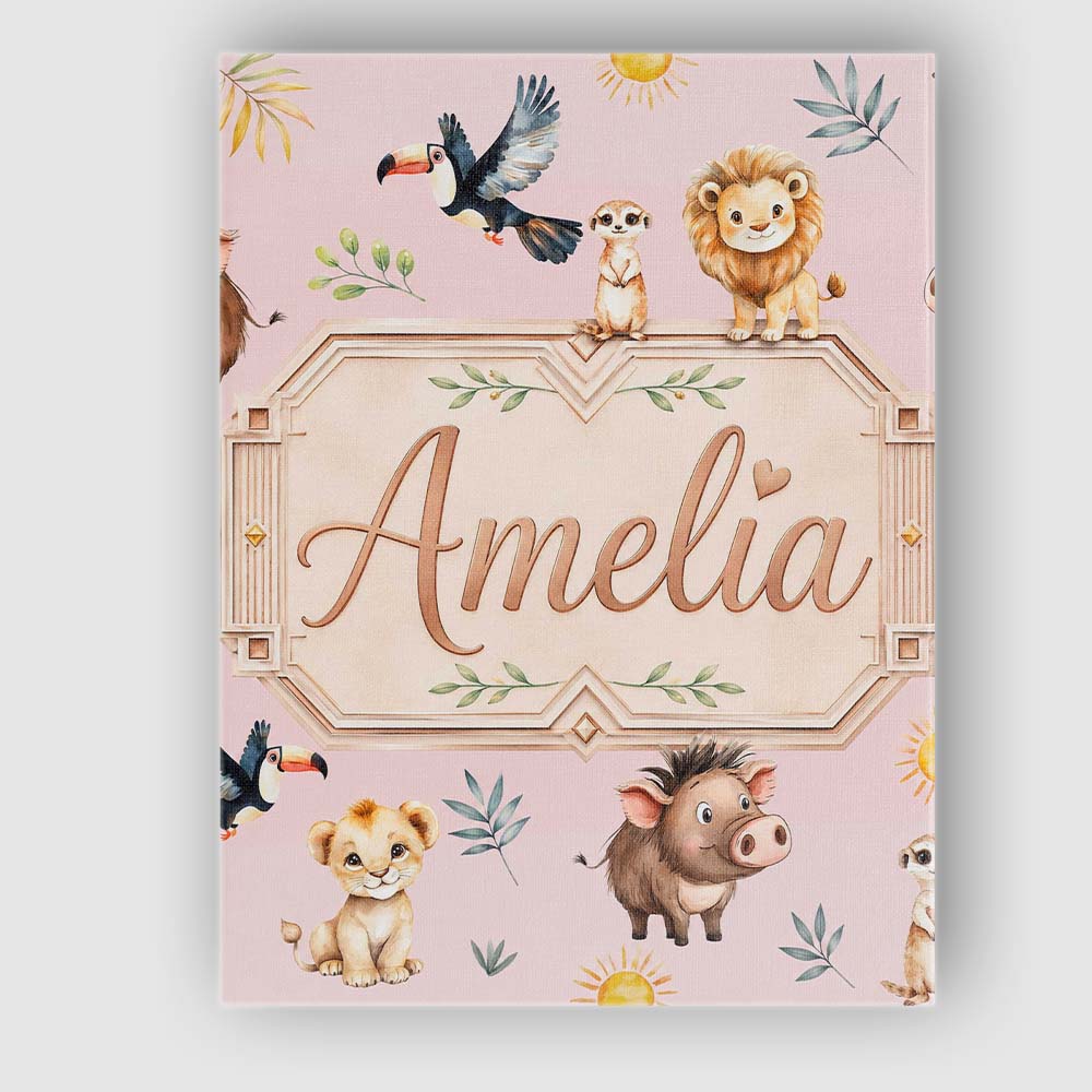 Personalised Name Jungle Animals Lion Custom Modern Room Accent Creative Decorator Style Canvas Wall Art Print Decor Picture Ready to Hang