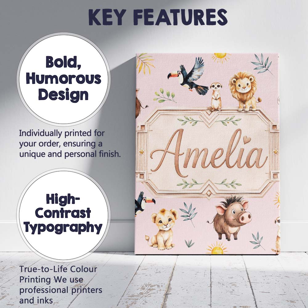 Personalised Name Jungle Animals Lion Custom Modern Room Accent Creative Decorator Style Canvas Wall Art Print Decor Picture Ready to Hang