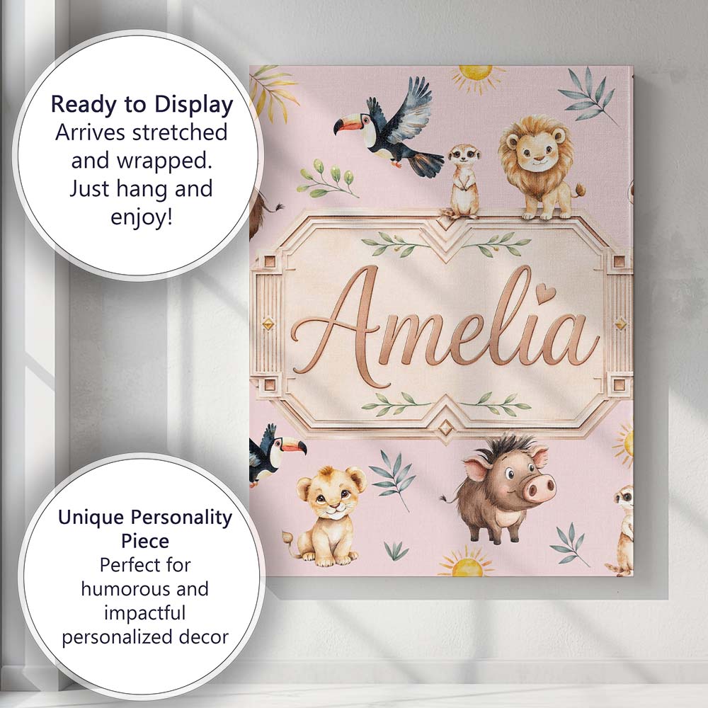 Personalised Name Jungle Animals Lion Custom Modern Room Accent Creative Decorator Style Canvas Wall Art Print Decor Picture Ready to Hang