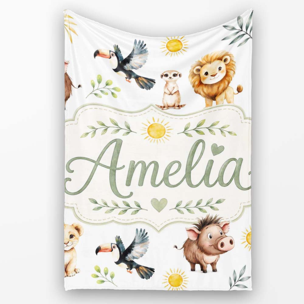 Jungle Animals Lion Meerkat Toucan Boar on Light Grey Seamless Personalised Custom Name Super Soft Fleece Blanket Bed Sofa Throw