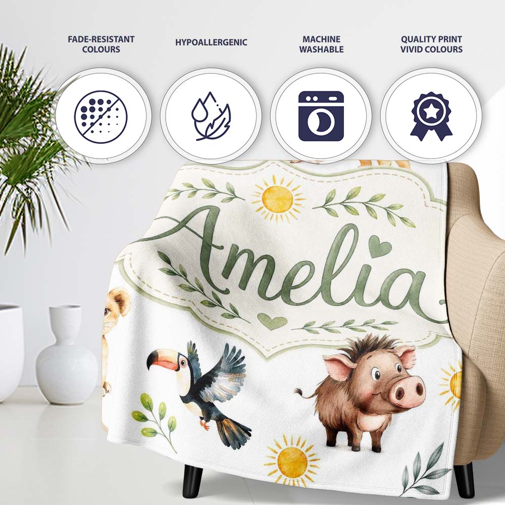 Jungle Animals Lion Meerkat Toucan Boar on Light Grey Seamless Personalised Custom Name Super Soft Fleece Blanket Bed Sofa Throw