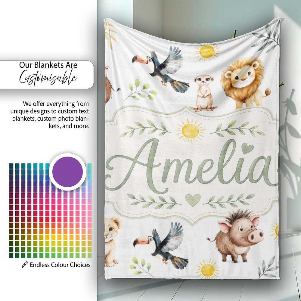 Jungle Animals Lion Meerkat Toucan Boar on Light Grey Seamless Personalised Custom Name Super Soft Fleece Blanket Bed Sofa Throw