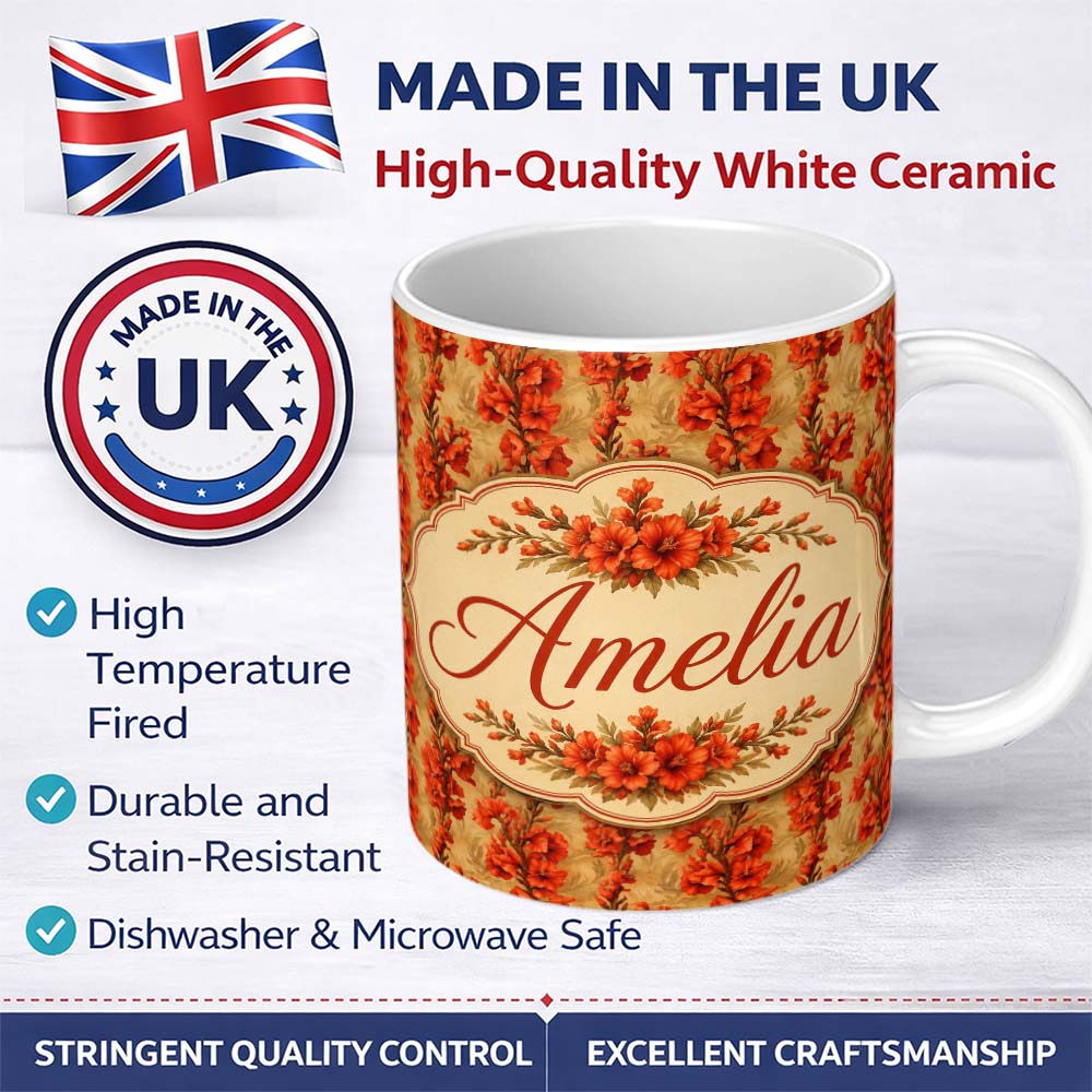Personalized Custom Name Bold Red Gladiolus Floral Seamless Pattern on Beige Vintage Lovely 11oz Ceramic Coffee Tea Mug White Large Handle