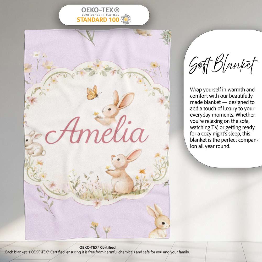 Watercolor Bunny Floral Meadow Soft Lavender Seamless Pattern Lovely Personalised Custom Name Super Soft Fleece Blanket Bed Sofa Throw
