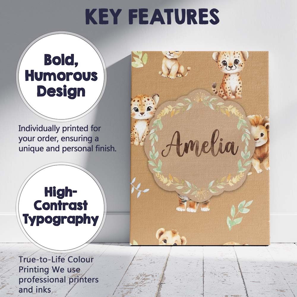 Personalised Name Baby Safari Animals Custom Modern Room Accent Creative Decorator Style Canvas Wall Art Print Decor Picture Ready to Hang