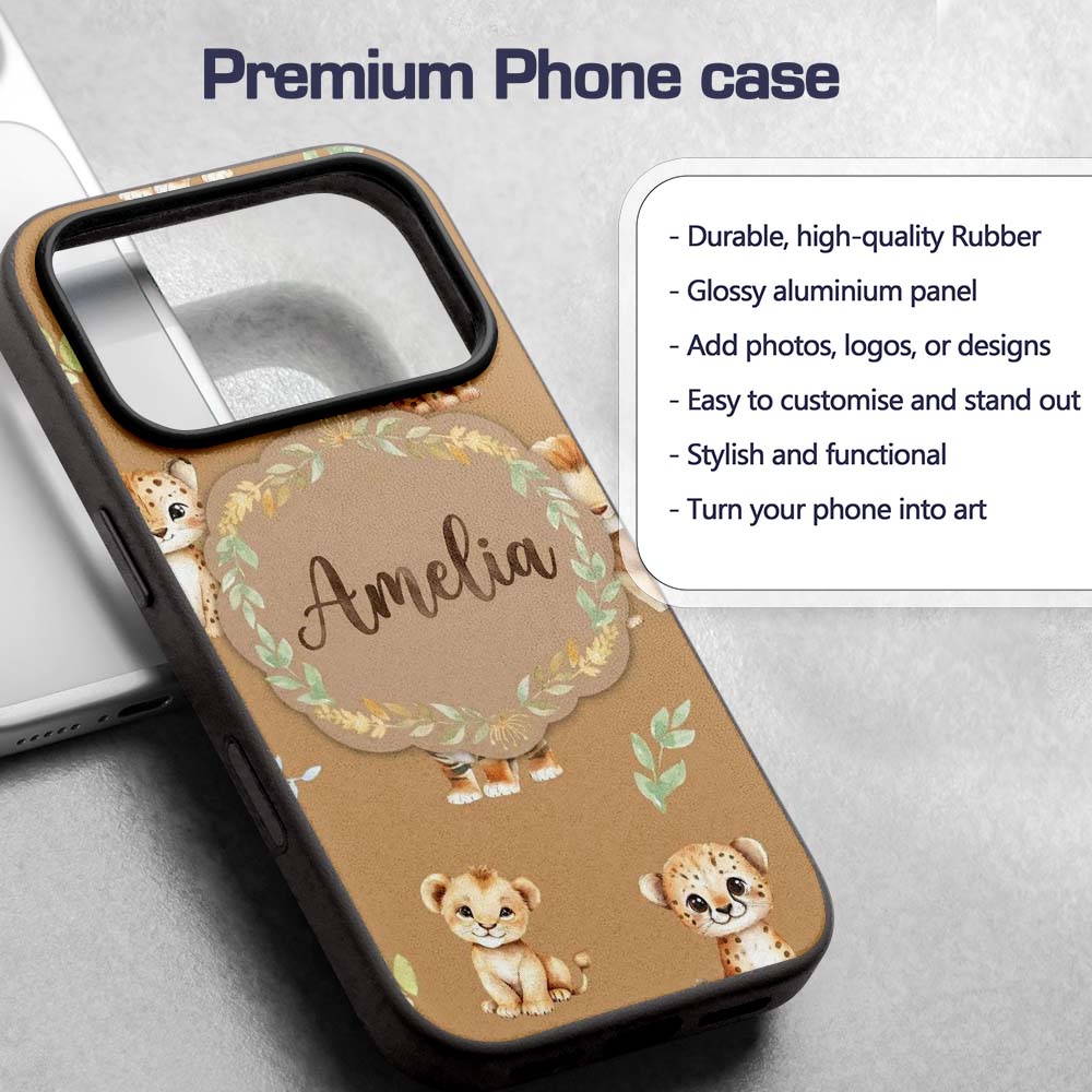 Baby Safari Animals Leopard Tiger Lion on Warm Custom Name Protective Phone Case Mobile Cover Durable Everyday Smartphone Shock Resistant