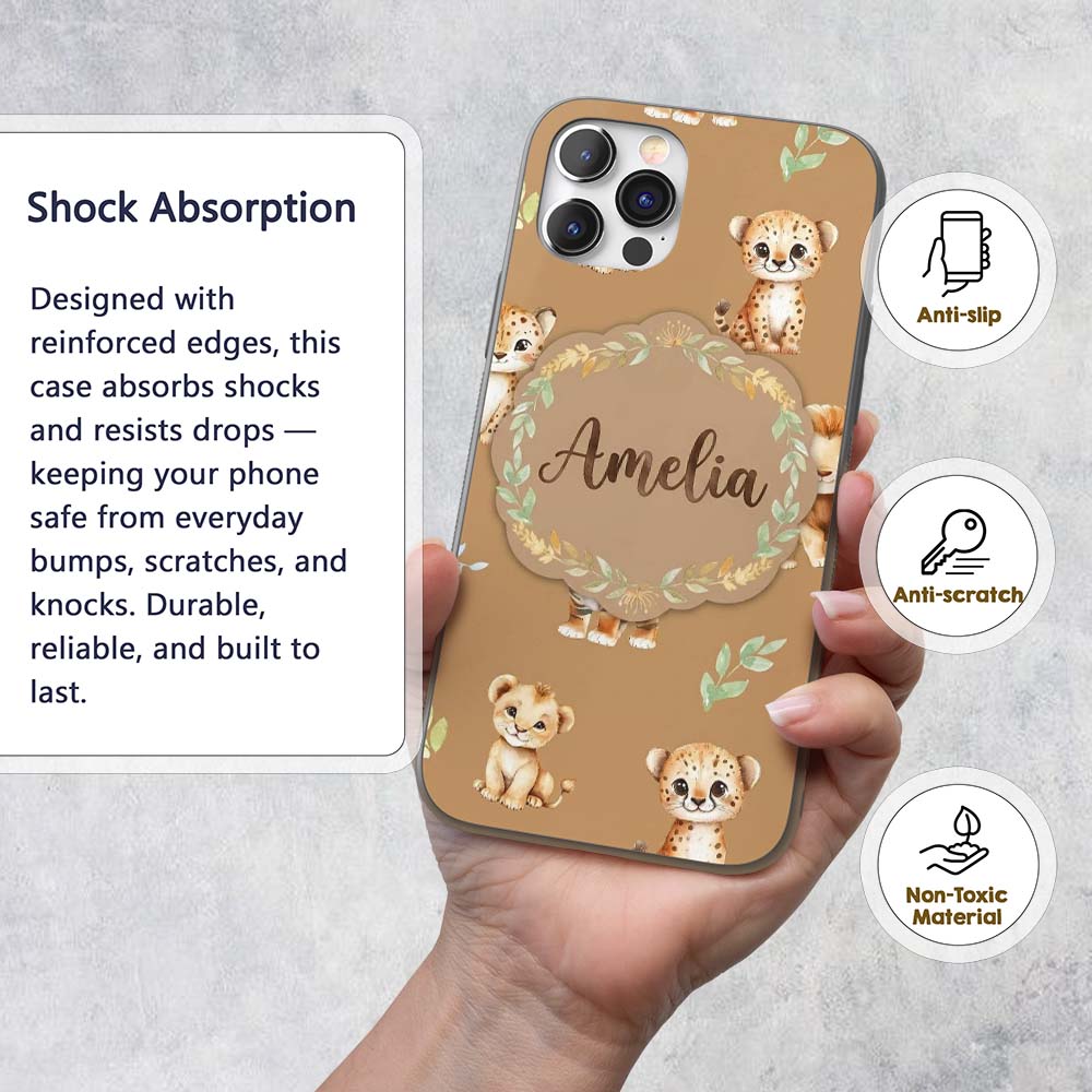 Baby Safari Animals Leopard Tiger Lion on Warm Custom Name Protective Phone Case Mobile Cover Durable Everyday Smartphone Shock Resistant