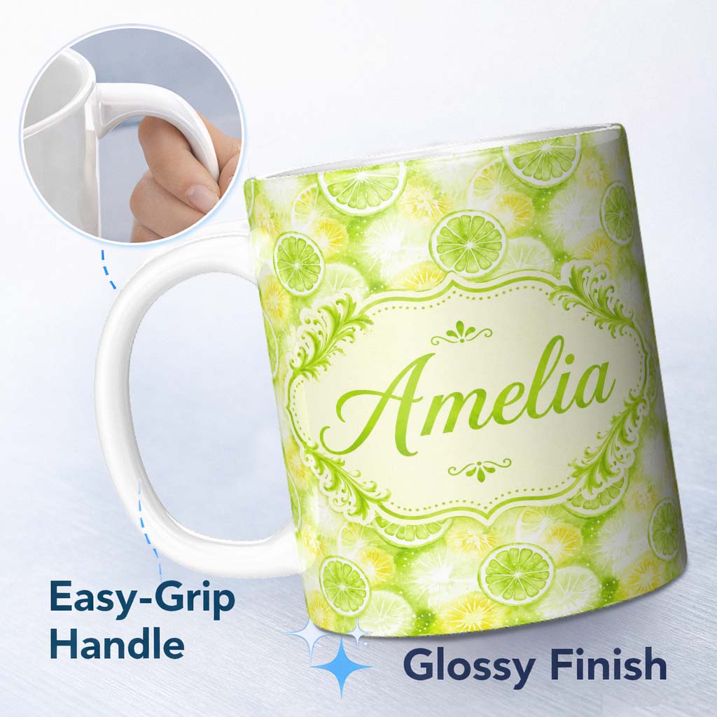 Personalized Custom Name Light Green Botanical Vine Scroll Seamless Pattern Cute Unique Gift 11oz Ceramic Coffee Tea Mug White Large Handle