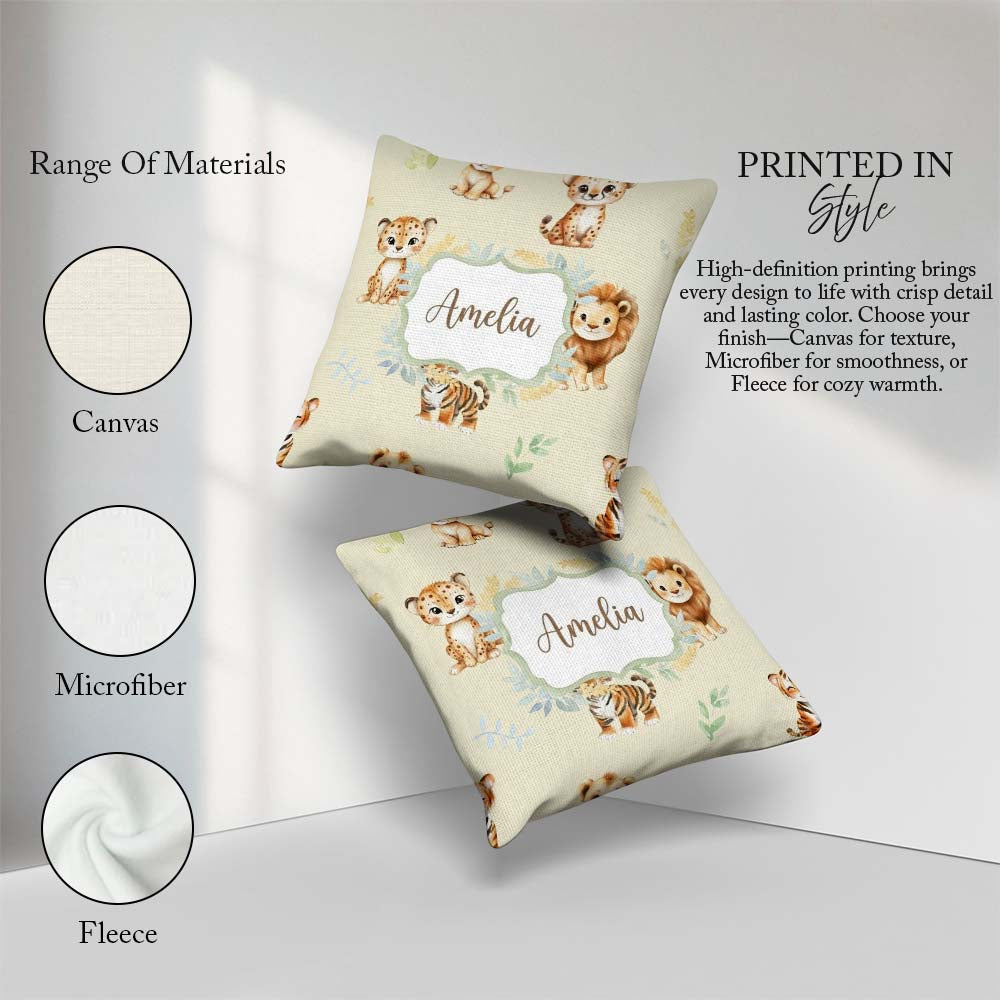 Custom Name Baby Safari Animals Leopard Tiger Lion on Soft Cream Square Filled Cushion Throw Pillow Sofa Bed Home Decor Zip Washable UK Made