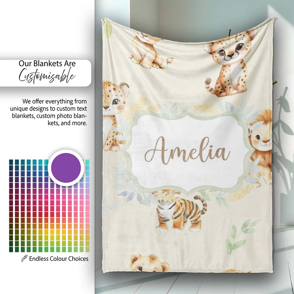 Baby Safari Animals Leopard Tiger Lion on Soft Cream Seamless Personalised Custom Name Super Soft Fleece Blanket Bed Sofa Throw
